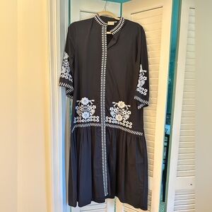 Julia Amory Black Dress with White Floral Embroidery